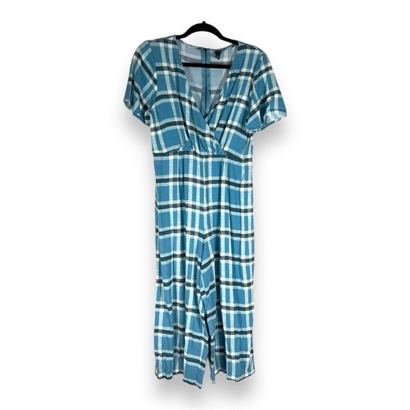 MEDIUM WILD FABLE BLUE PLAID JUMPSUIT SHORT SLEEVE ELASTIC WAIST  PREPPY CASUAL - Picture 1 of 10